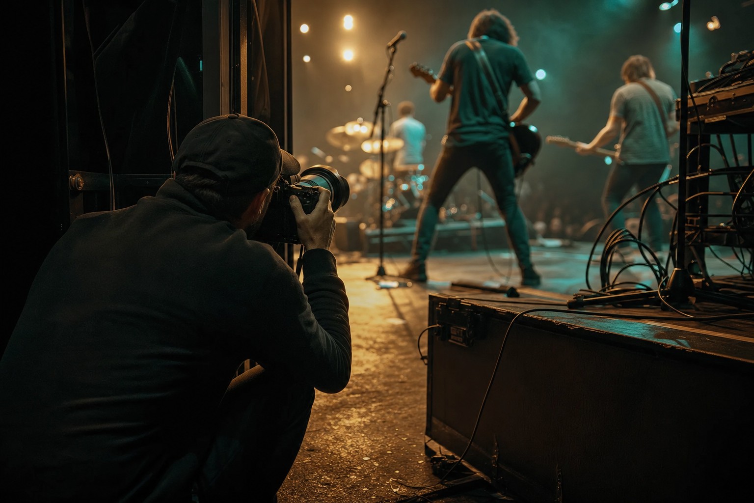 Fotógrafo cobrindo um show ao vivo nos bastidores, com cabos e flight case